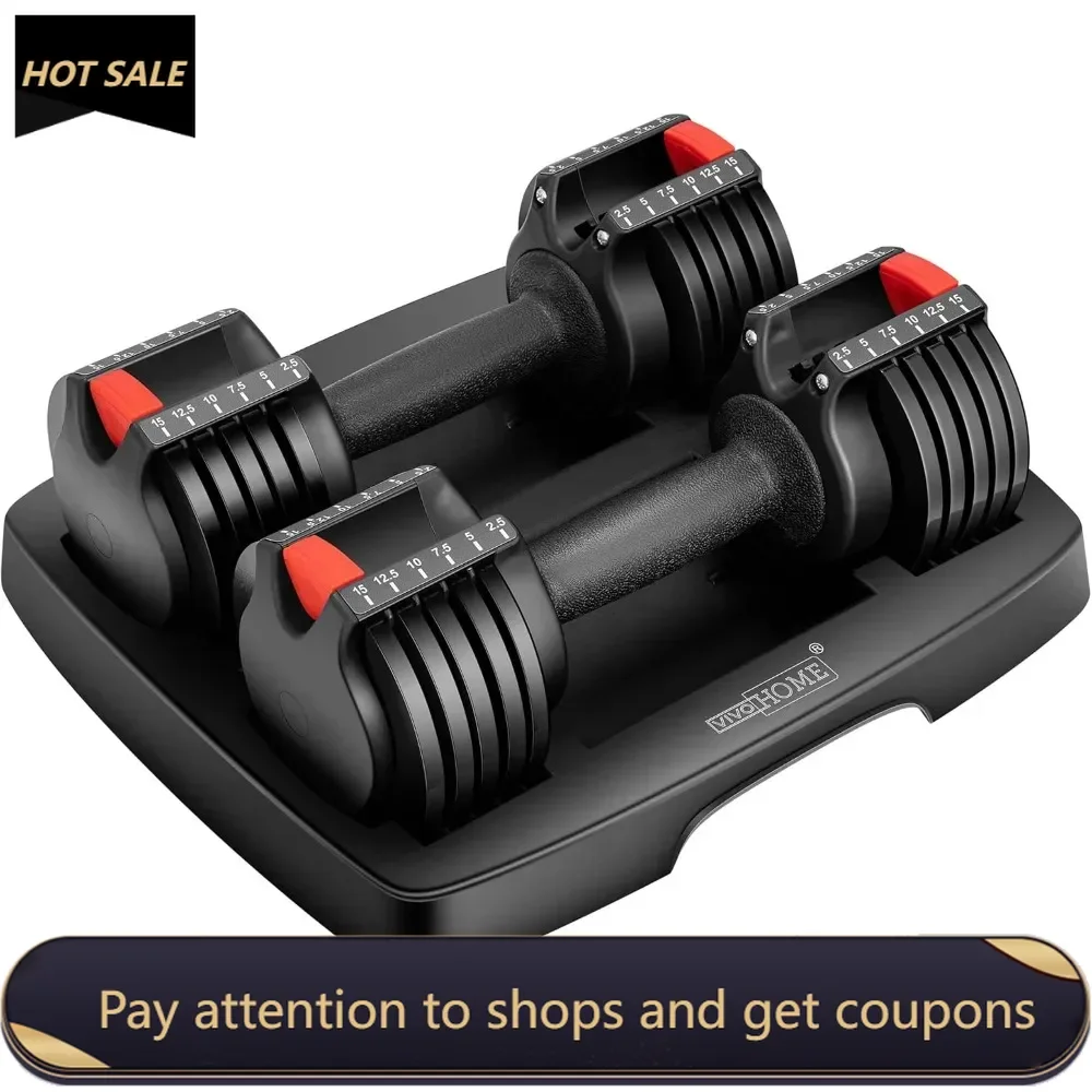 2.5 lbs to15 lbs Adjustable Weights Dumbbells Set of 2with Anti-Slip Handle and Tray Multiweight Options Workout Equipment Black