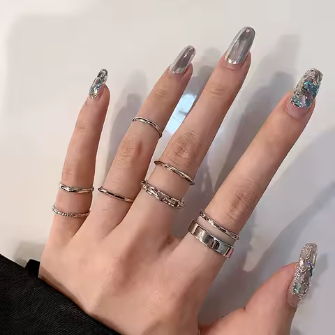 7Pcs/Set Punk Simple Double layer Rings for Women Silver Color Geometric Vintage Joint Hiphop Finger Ring Niche Design Jewelry