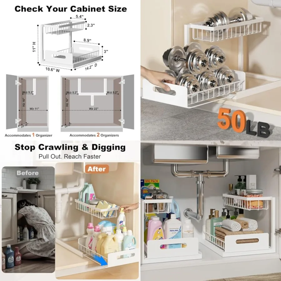 

Under Sink Organizer, Pull Out Cabinet Organizer, 2 Tier Metal Slide Out Shelf with L Shaped Design for Kitchen, Bathroom, Laun