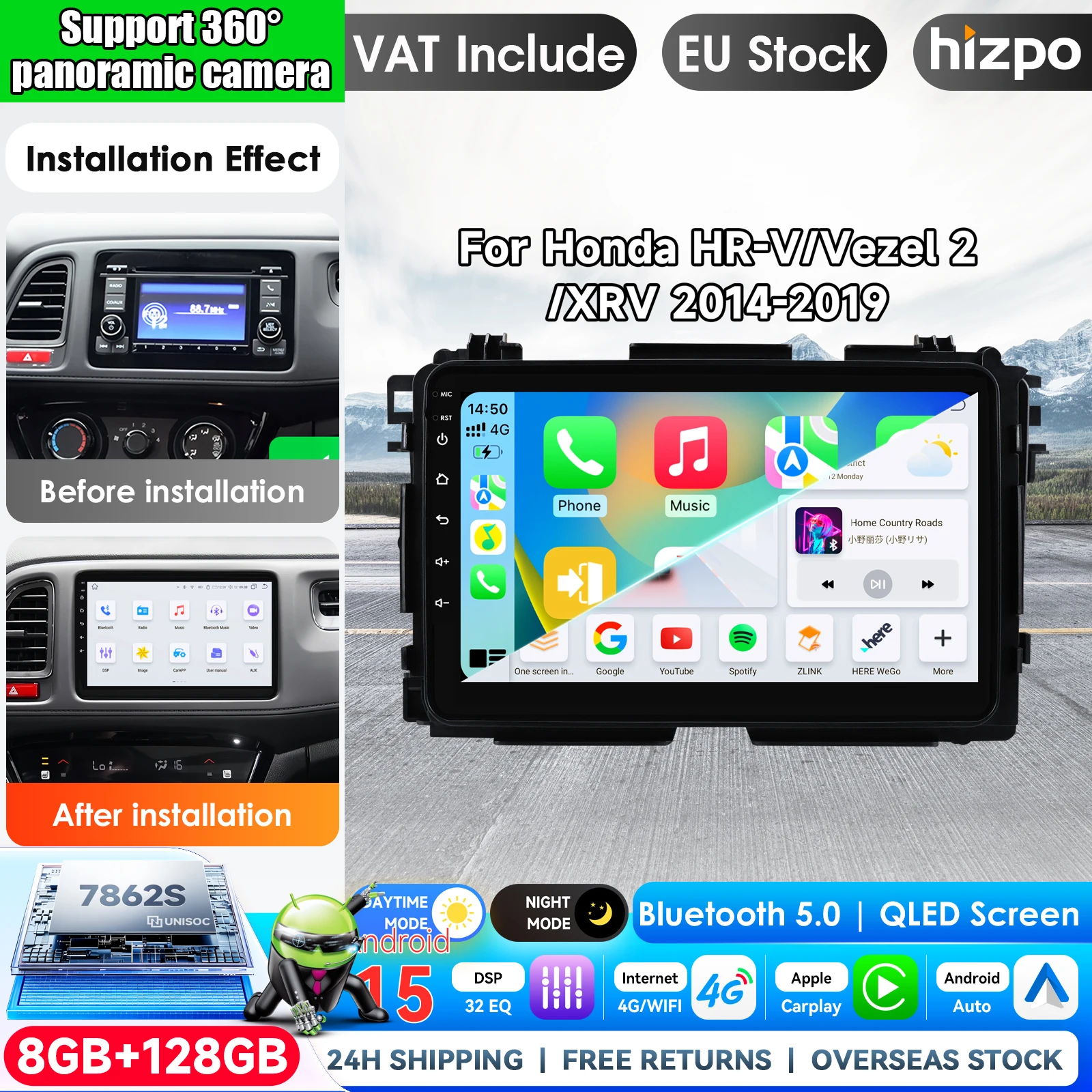 Hizpo 9 Zoll Auto-Android 15 Carplay Auto für Honda Vezel HR - V HRV HR V XRV 2014 2015 - 2019 Multimedia-Autoradio-Player WIFI+4G GPS Stereo