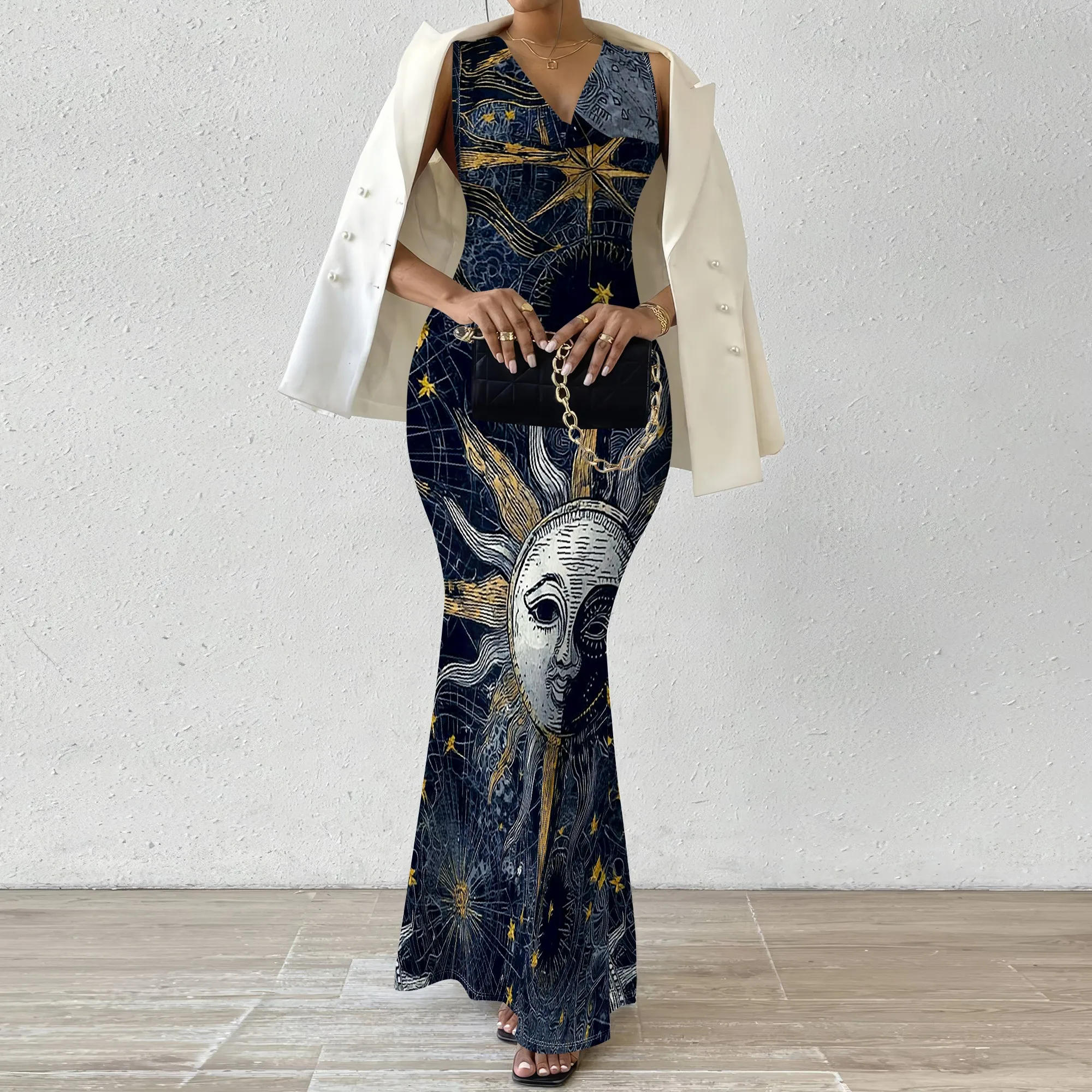 

Sun Moon Print V-Neck Maxi Dress Women Sleeveless Bodycon Mermaid Party Office Dress 2025