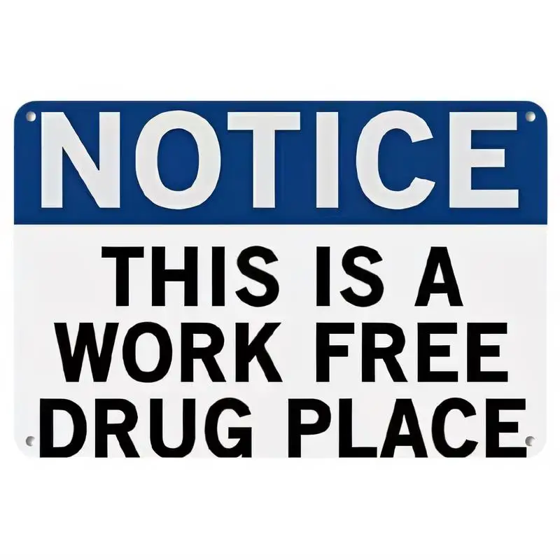 Blue & White This Is A Work Free Drug Place Notice Metal Tin Sign - Retro Wall Art with Bold Text, Iron Material, Perfect for Of