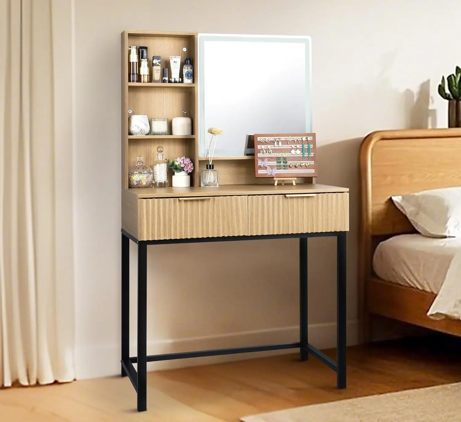 

Oak Vanity Desk 3-Color Light Mirror 2 Drawer Gold Handle Bedroom Dressing Room Customized