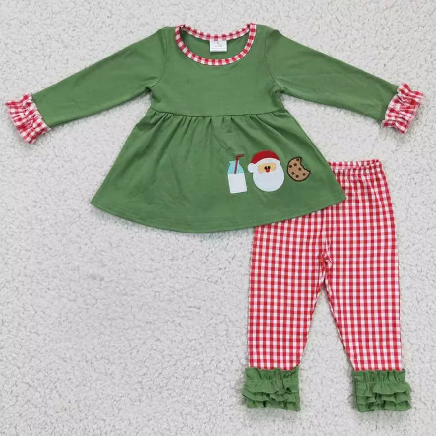 

Girl Christmas children's clothes set Winter Smocked Clothing Green Shirt Red Plaid Pants Set Milk Cookie Santa Applique Outfit