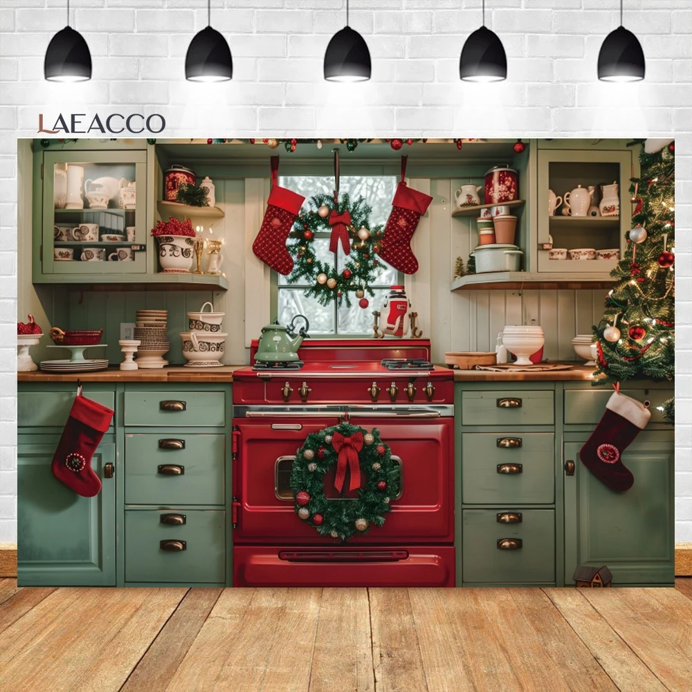 Laeacco Christmas Kitchen Photography Backdrops Retro Wood House Interior Xmas Trees Gift Kid Adult Birthday Portrait Background