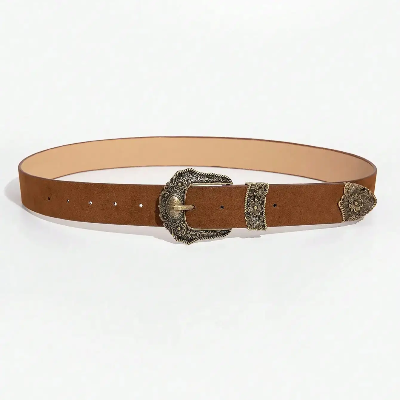 حزام نسائي بني عتيق على الطراز البوهيمي خفيف فاخر عتيق من البرونز محفور على شكل زهرة معدنية بإبزيم معدني حزام مخملي للجينز، إصدار