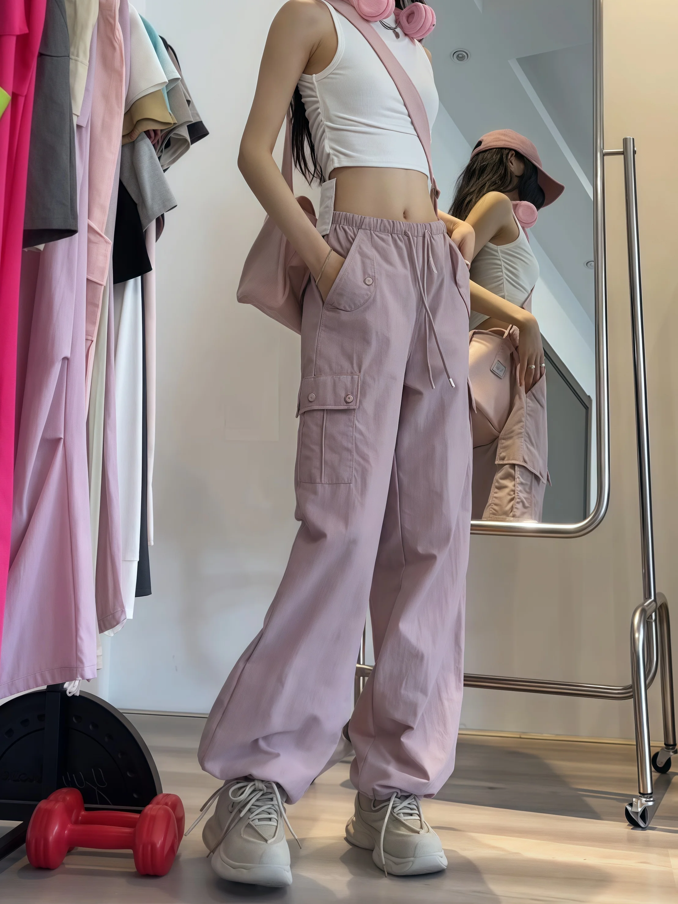 

Розовые прямые брюки для девочек, женские летние новые маленькие размеры с высокой талией, спортивные повседневные широкие брюки