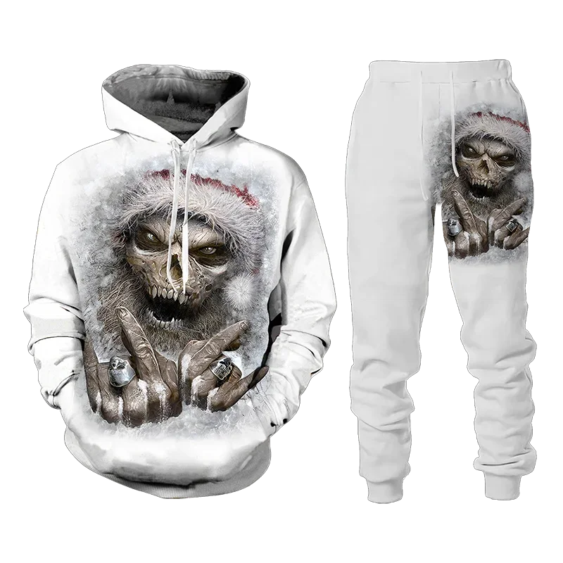 Skull 3D Print Hoodie Suit Vintage Goth Men Pullover Streetwear Casual Punk Fashion Two Piece Tracksuit Set Oversize Hot-selling