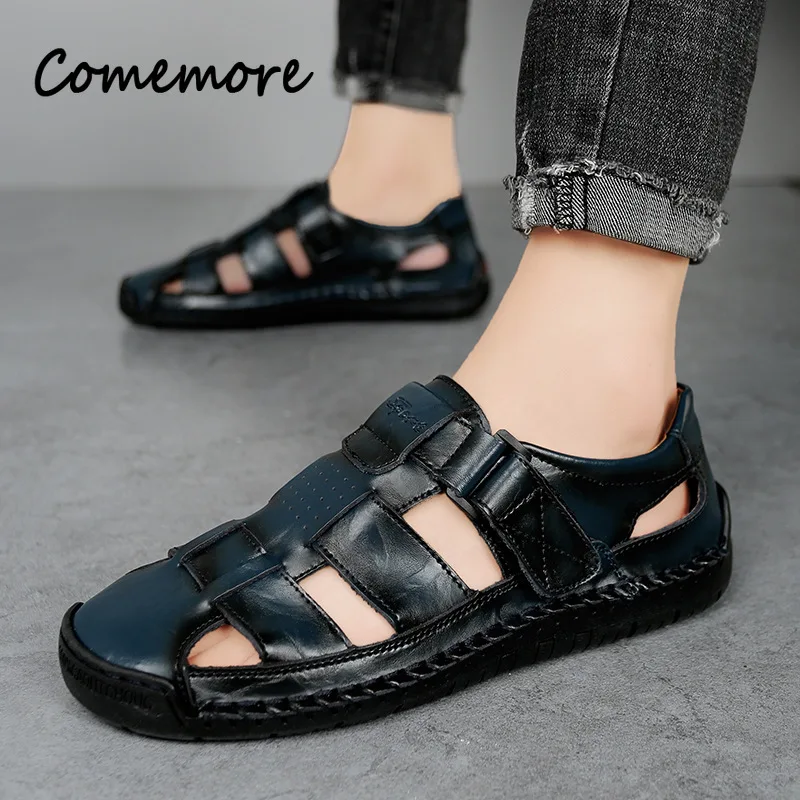 Comemore Summer Men's Leather Sandals Roma Outdoor Beach Flat Shoes Walking Male's  Fashion Water Trekking Causal Footwears