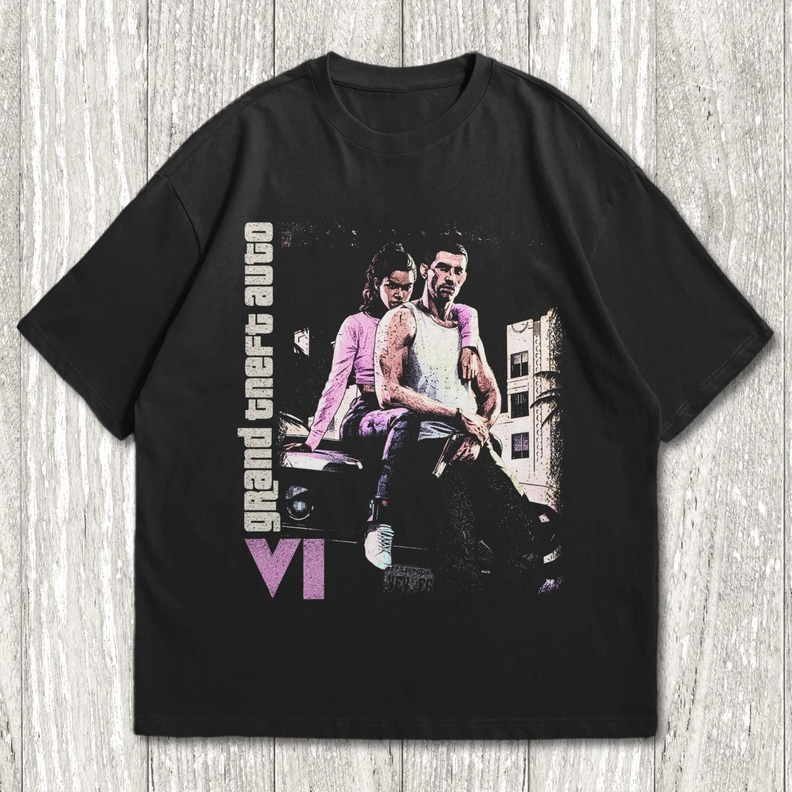 Miami Crime Outlaw Couple Vaporwave Retro Graphic T-Shirt Four season popular unisex cotton T-shirt
