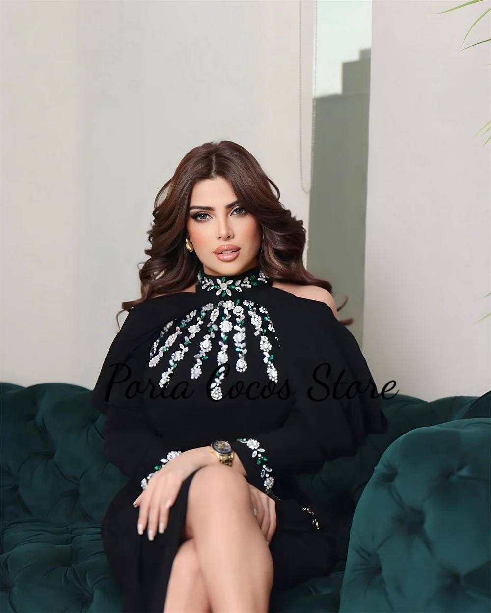 Customized Temperament Prom Gown Crystal High Collar Full Sleeves Party Dress Ankle-Length Side Slit Evening Dresses فساتين للحف