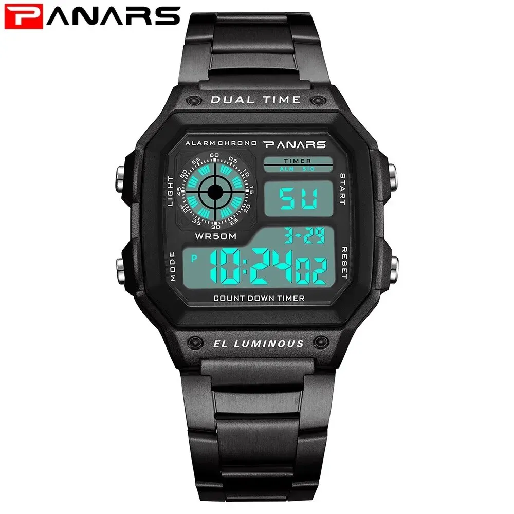 PANARS Top Luxury Stainless Steel Strap Sport Watches Mens Waterproof Back Light Digital Wristwatch Male Alarm