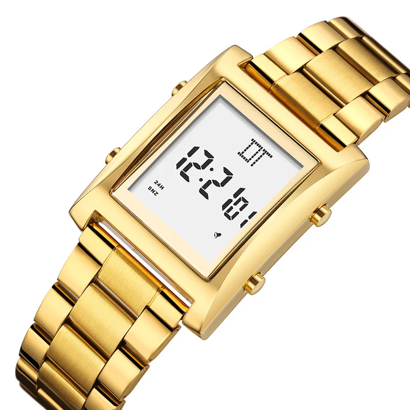 Men's Small Gold Colored Square Steel Strap Watch Luxury Male Business Wristwatch Waterproof LED Electronic Display Wristwatch