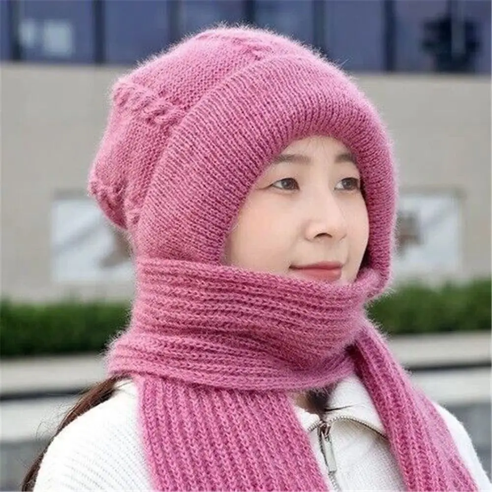 Knitted Integrated Cap Scarf Winter Warm Windproof Ear Protection Cap Casual Soft Beanie Hat Scarf Women