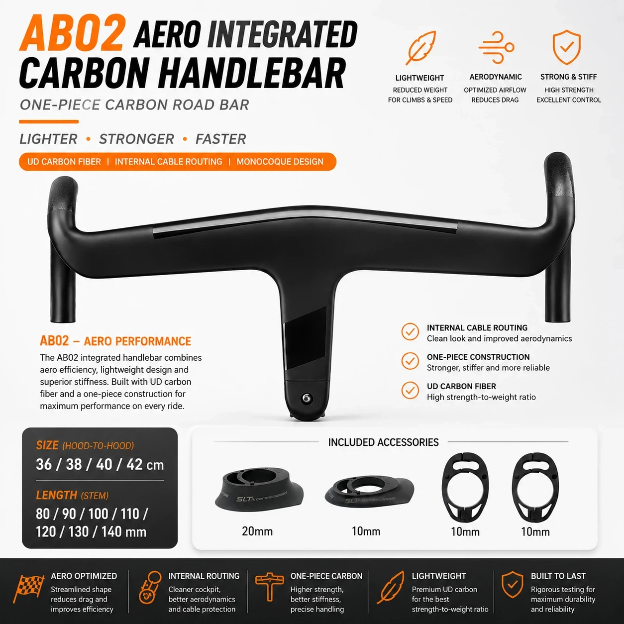 

AB02 Aero Integrated Handlebar Full Carbon Fiber Road Integrated Handlebar Fits 1-1/8" 28.6mm Round Steerer ACR Internal Routing
