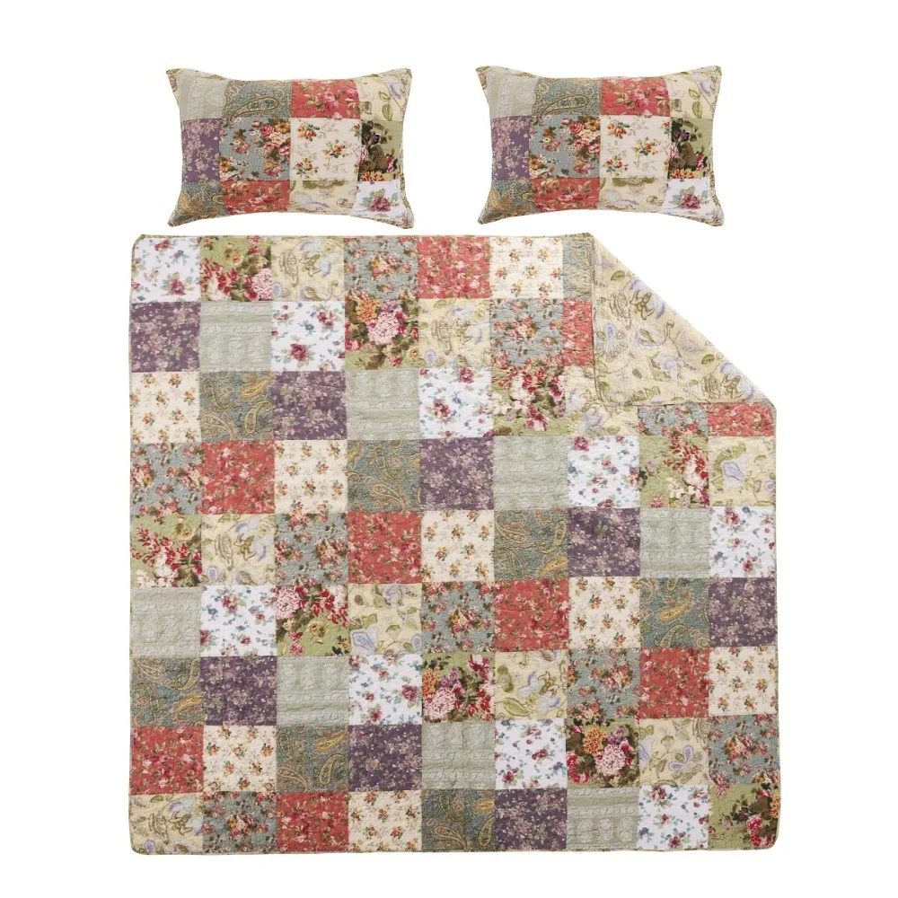 Blooming Prairie 100% Cotton Quilt and Pillow Sham Set Bedspreads for Double Bed Cover 3 Piece King/Cal King Bedspread the Plaid