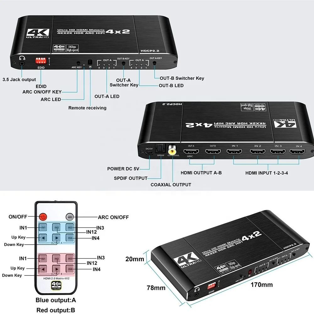 Matrix Switch Splitter Switcher 4 in 2 Out with IR Remote Controller Support ARC HDCP