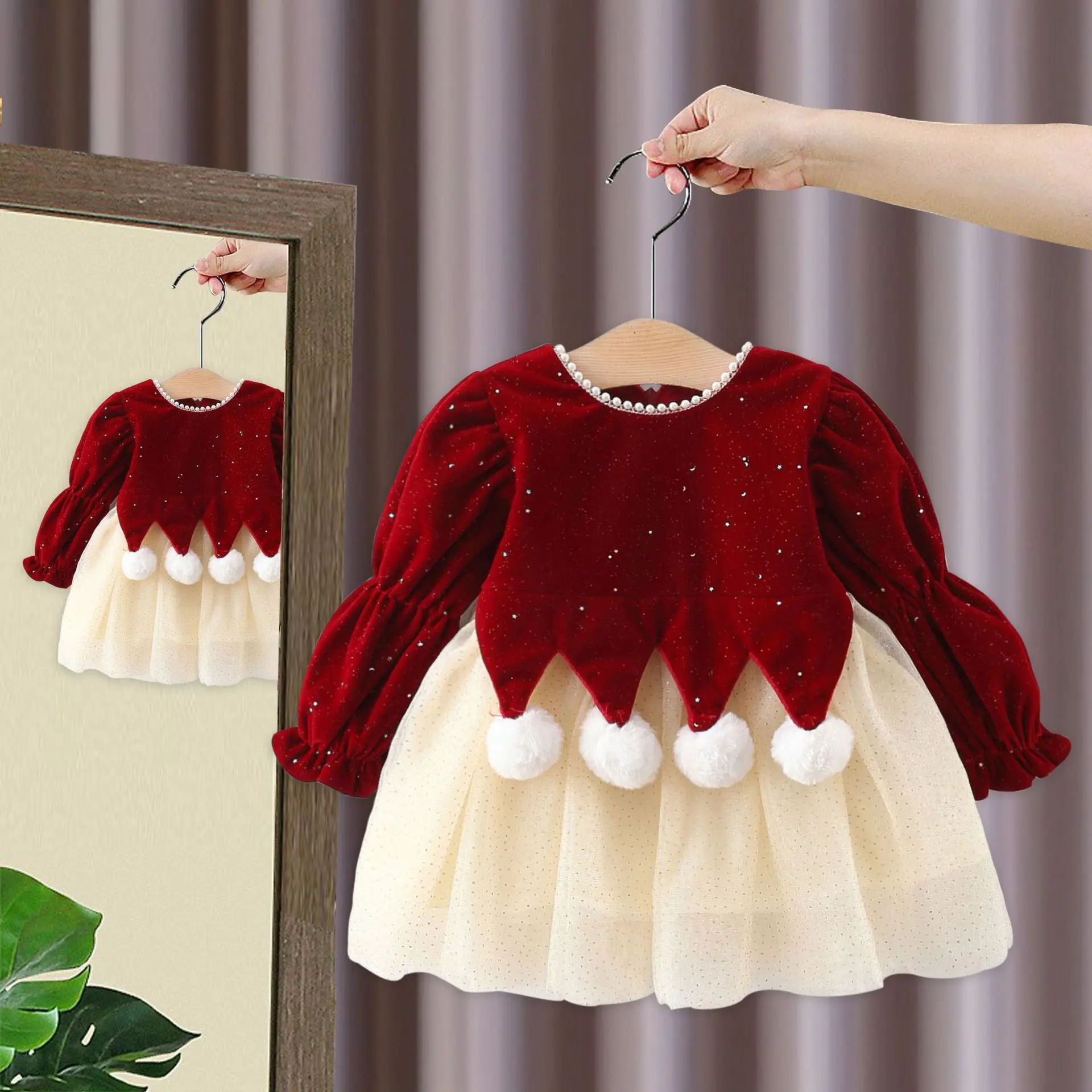 Girls Dress Foreign Style Princess Dress Autumn and Winter New Children Fleece Warm Dress Baby Joy Red Skirt Girl Winter Dresses