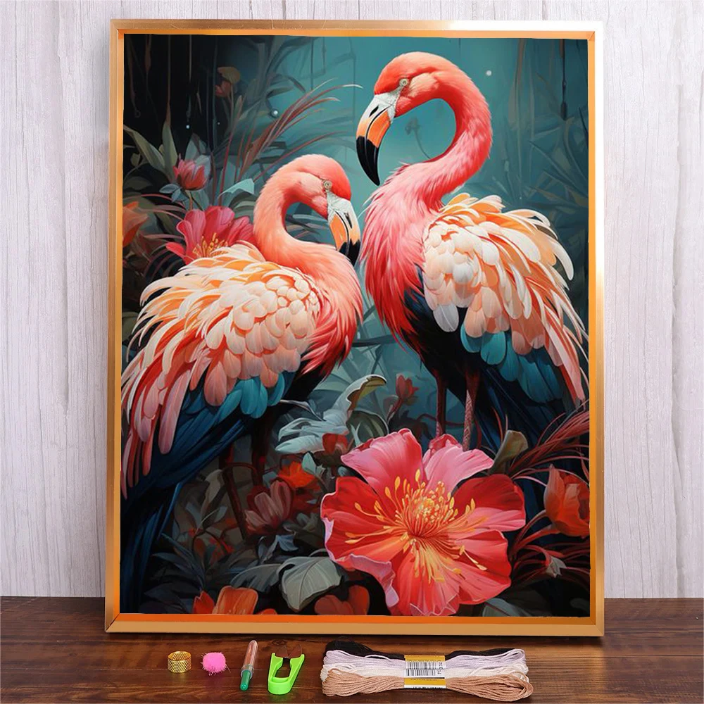 

DIY Adults Cross Stitch Kit Cartoon Pattern Flamingo 11CT Full Printed Cloth Fabric Embroidery Set DMC Threads Cross-stitch