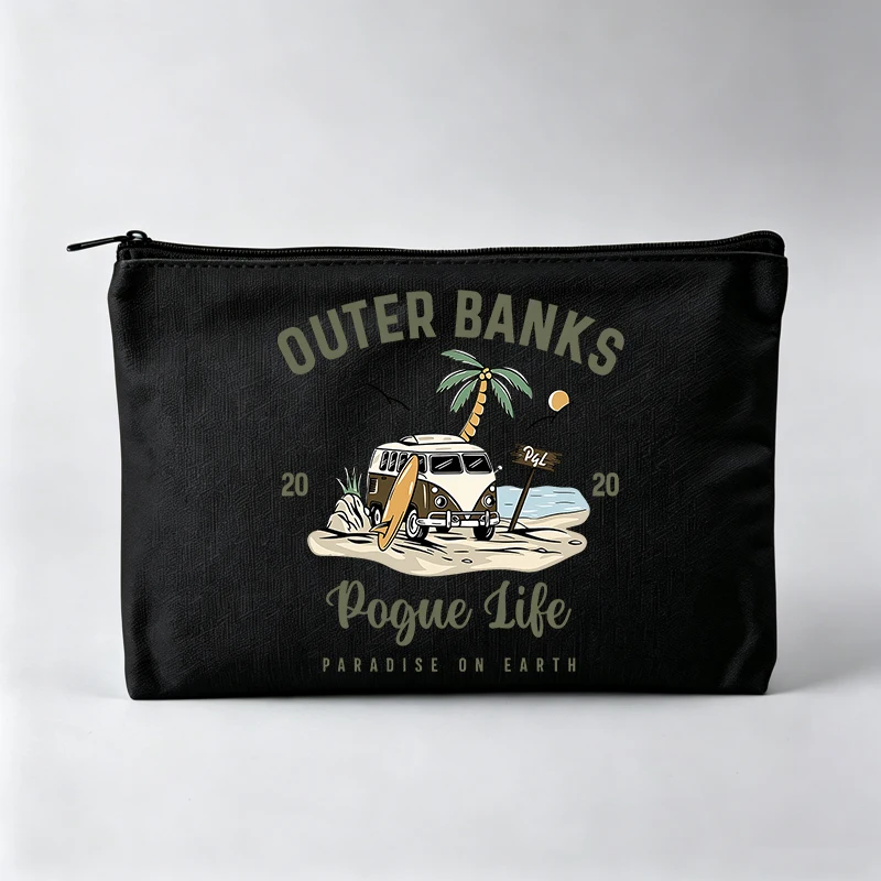 Women's Beach Scene Graphic Makeup Bag with Retro Car and Palm Tree, Vintage Style Cosmetic Pouch for Daily Use