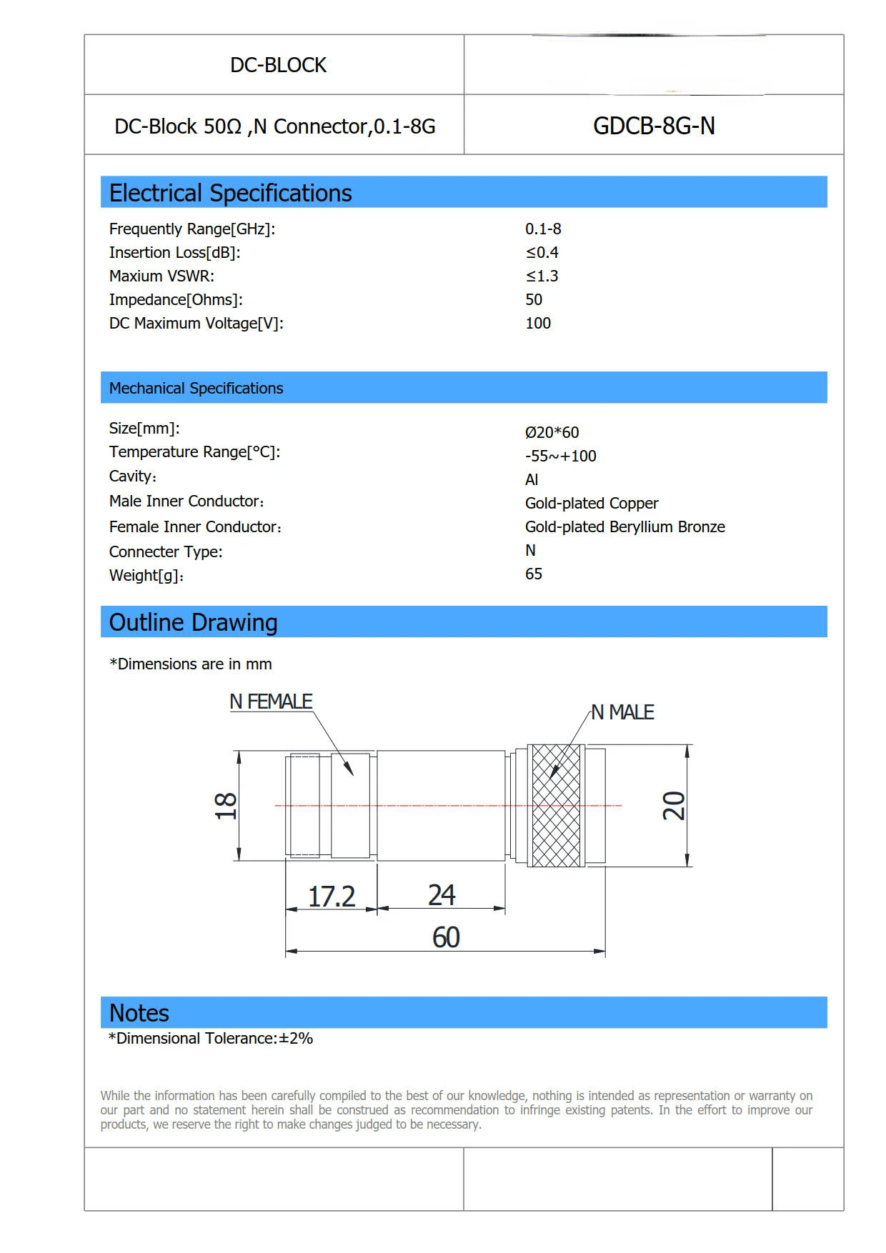 N-type Isolator, N Male N Female, 0.1-8G, 50 Ω Impedance, 100V