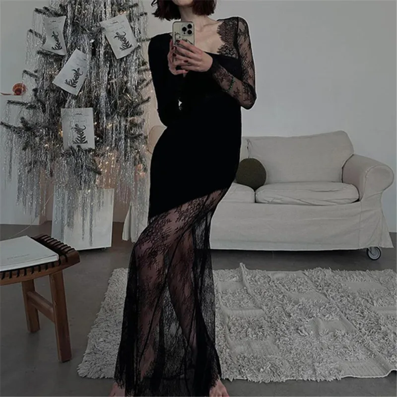 Goth Dark Ladies Elegant Fashion Party Gown Sexy Fairy Lace Patchwork Sheer Hem Bodycon Dresses Trim Skew Neck Dress Y2K Outfits