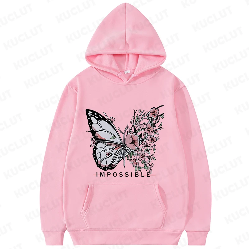 Rose Butterfly Impossible Graphic Print Women Sweatshirt Fashion Warm Hooded Loose Casual Hoodies Fleece Soft Fashion Clothing