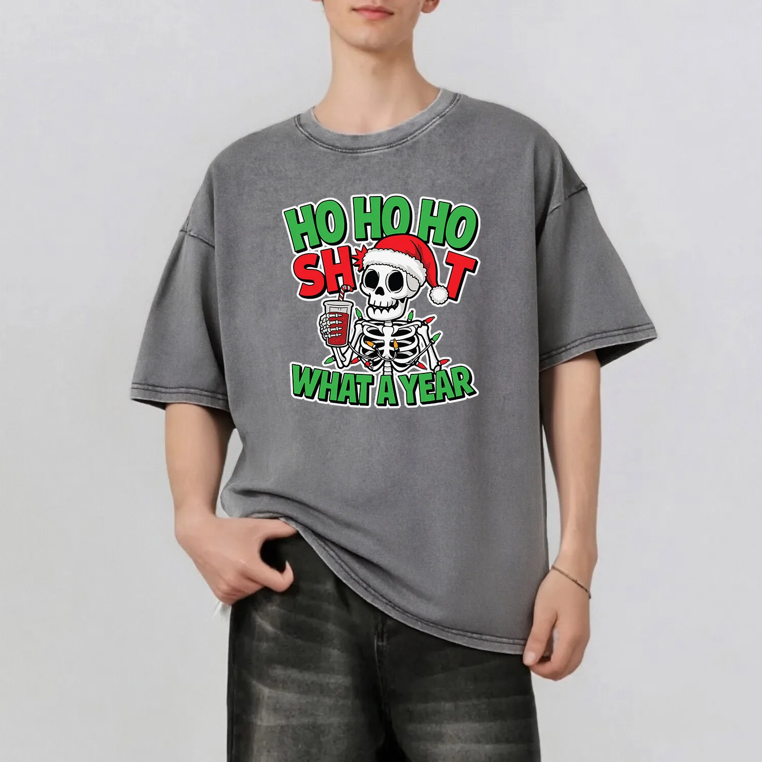 

Christmas Skull Graphic Printing Men's Summer Retro Style Washed Water T-Shirt Casual Short Sleeved Basic Men's Top 230G