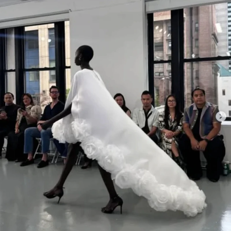 White chiffon organza Floral High Low Women Formal Dresses 3D Handmade Flower Long Bridal Dress Female Maxi Dress custom color