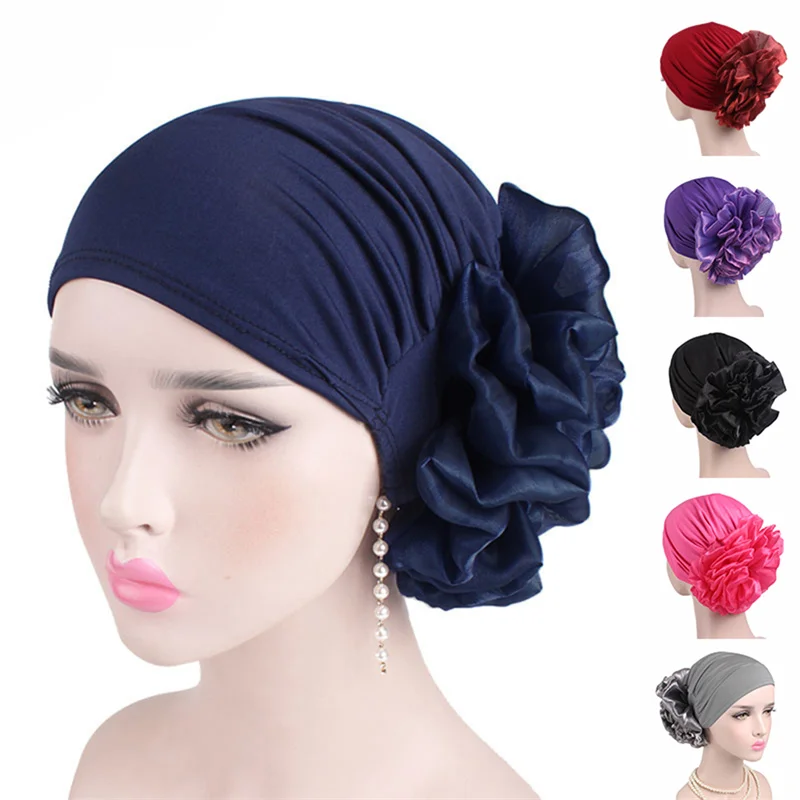 Fashion Muslim Women\'s Milk Silk Flower Turban Hijab Cap Elastic Cancer Chemo Hats For Hair Loss Head Scarf