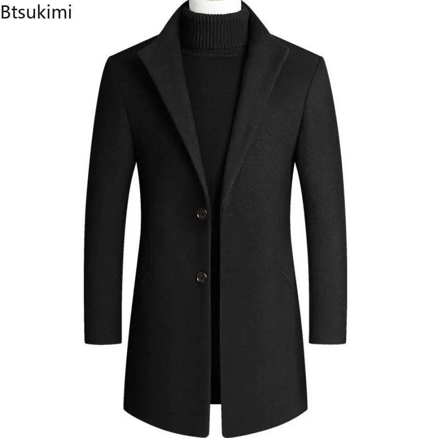 New Men's Mid Length Woolen Trench Coats Thicken Warm Business Casual Wool Blend Coats Stand Collar Slim Winter Jacket Gentleman