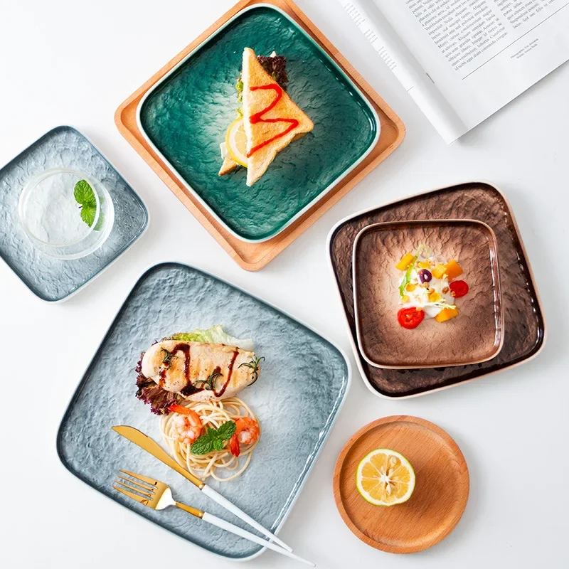 Ceramic Tableware Square Plate Stone Patterned Plate Light Luxury Restaurant Home Steak Exquisite Ceramic Tableware