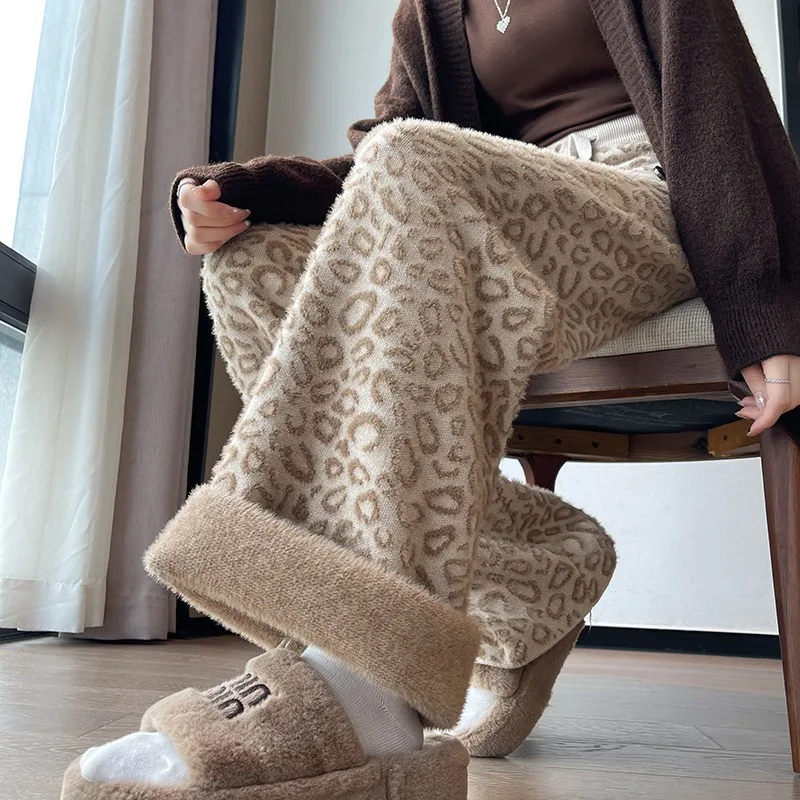 2026 Mink Fur Leopard Print Knitted Wide Leg Pants Women Fleece High Waist Straight Long Pants Thickened Soft Waxy Wool Trousers