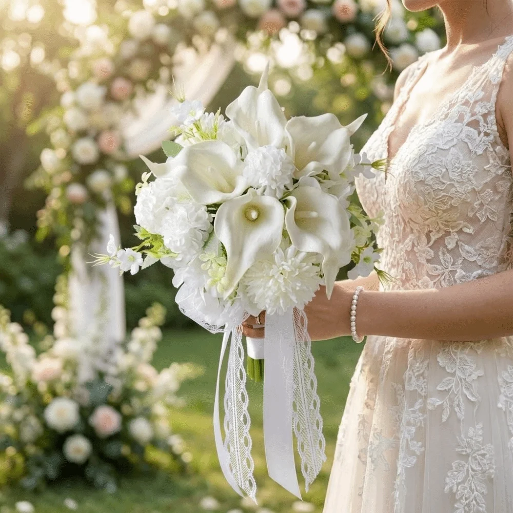Romantic White Calla Hydrangea Bridal Bouquet Artificial Lace Ribbon Calla Hydrangea Flowers Handheld Faux Flower Bouquet