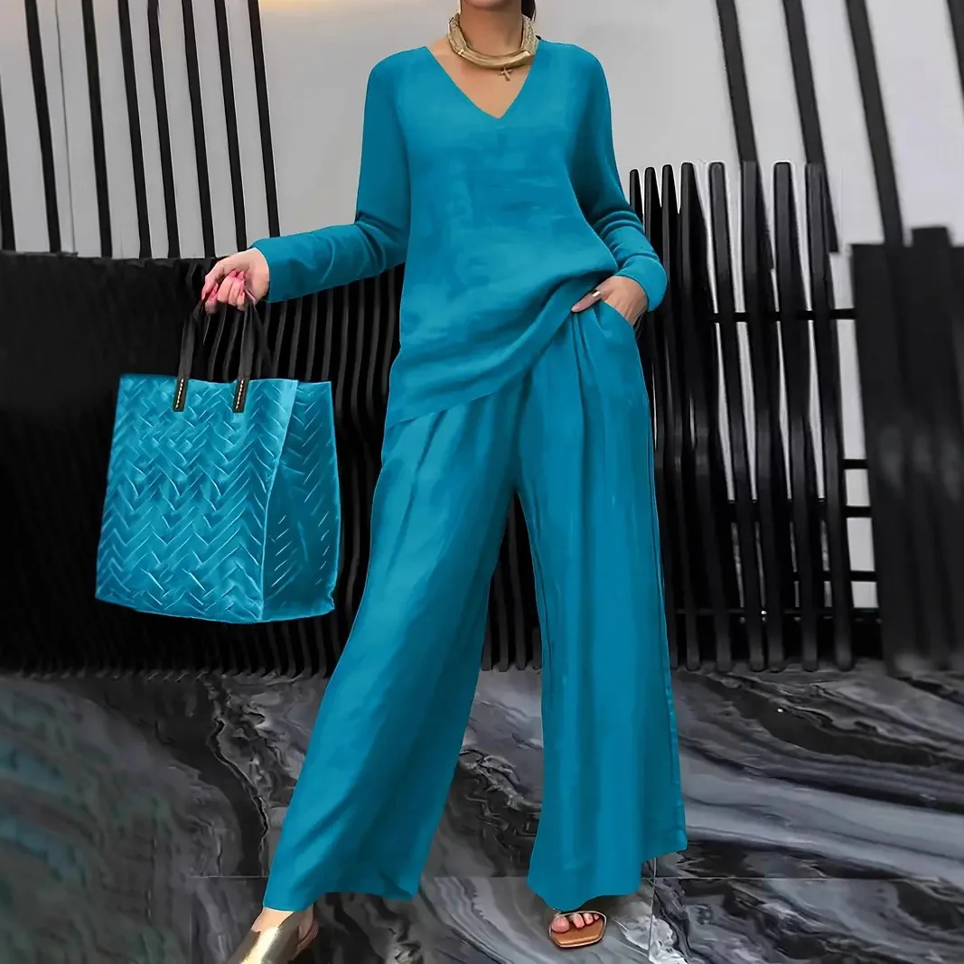 

2026 Summer New Pant Sets Fashionable V-neck Top+ Long Pants 2 Piece Set Women's Casual Loose Outfit Two Pieces Set Female Suit