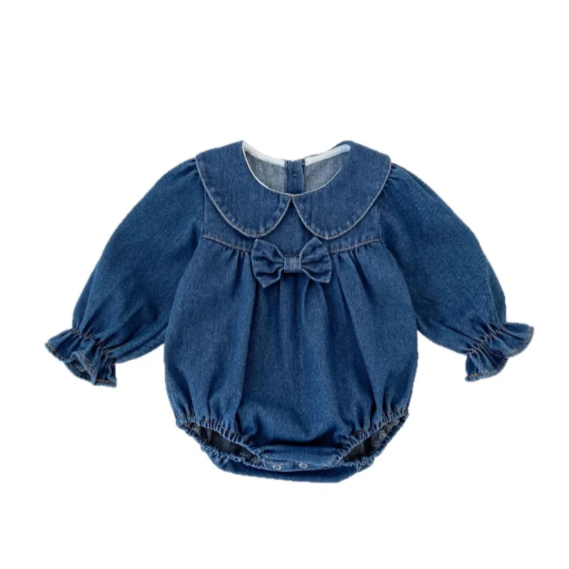 2026 Baby Autumn New Collection Collar Flip Bun Long Sleeve Cowboy Bag Fart Clothes for Girls Butterfly Bow Jumpsuit
