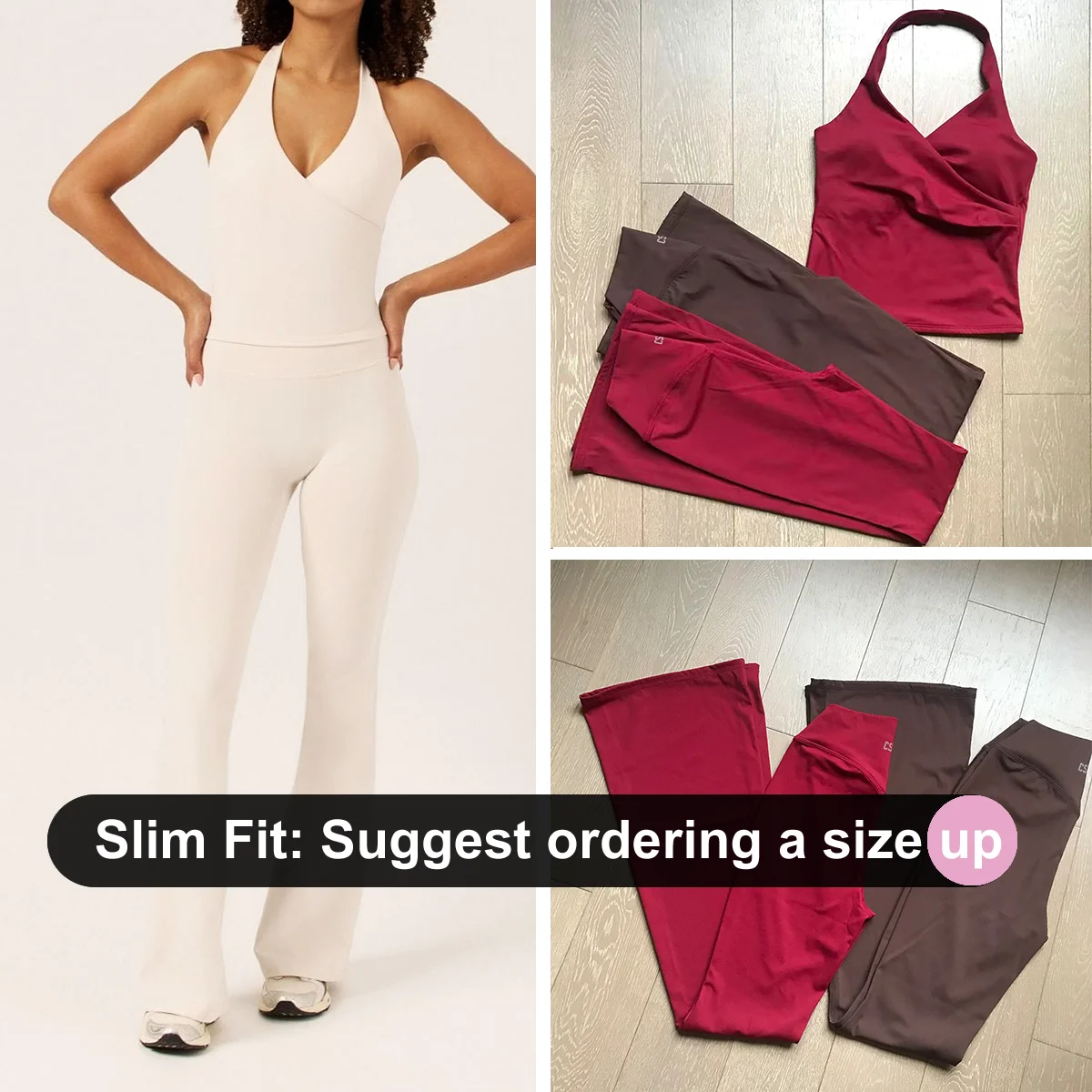 CSB  Flare Legging Set Women's V-neck Halter Top with Built in Bra & High Waist Leggings Gym Set  Pilates Outfit Gym Clothes