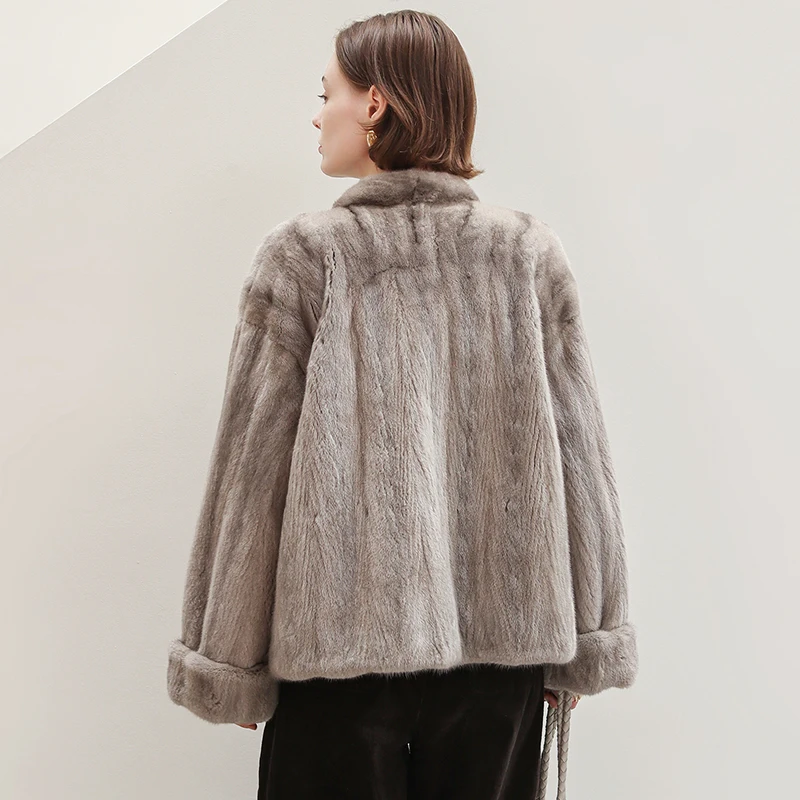 Ftangaiur 冬物輸入ベルベットミンクファーコート Vネック折り返し袖ミンクコート レディース新作ショート丈天然本物ミンクファーコート