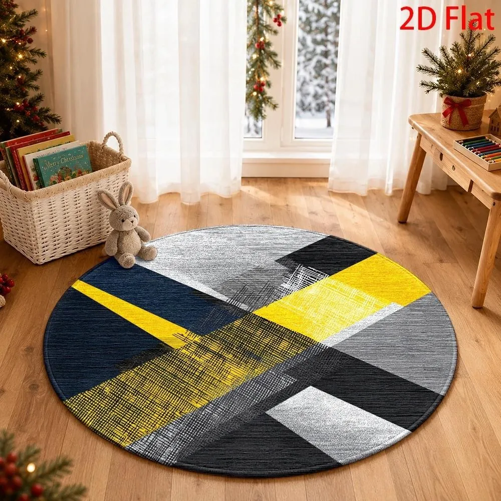 Contemporary Color‑Block Round Rug, Abstract Spliced Geometric Fine‑Line Textured Floor Mat for Living Room Bedroom