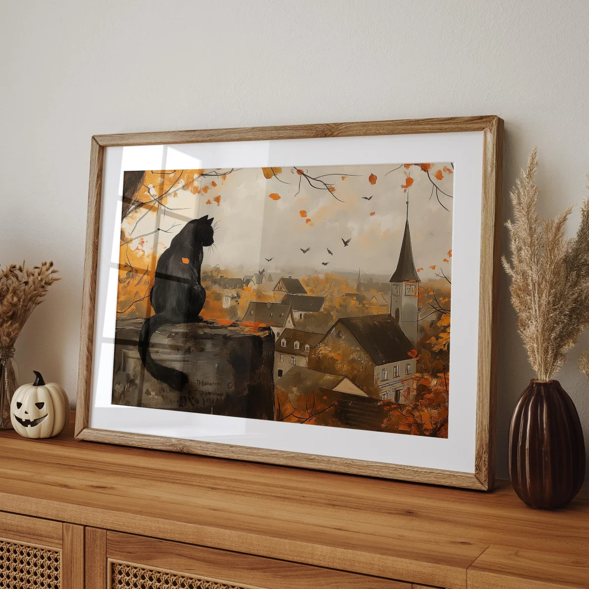 Black Cat Looking Over Autumn Town Canvas Prints Poster Dar…