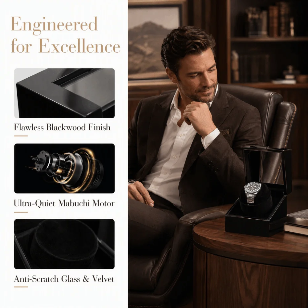 Silent Motor Single Watch Winder Ultra Quiet Wooden Automatic Watch Winder Anti-Magnetic Storage Mechanical Watch Winder