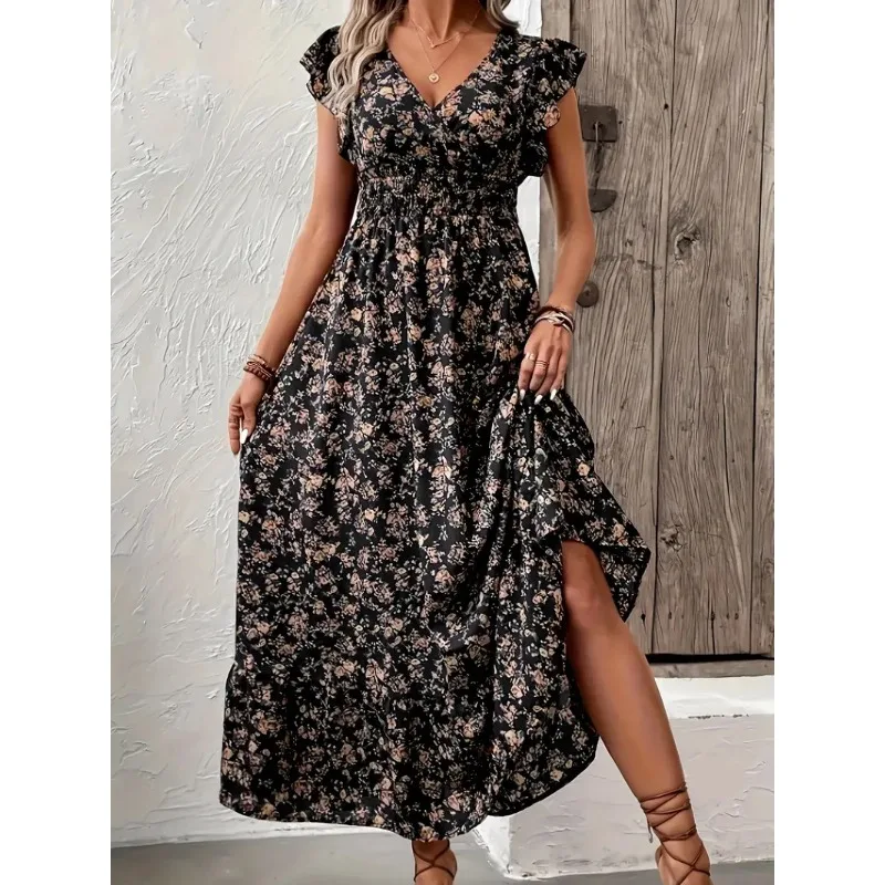 

Plus Size 1XL-5XL Women's Fashion Summer Floral Print V-Neck Ruffle Hem Dress Ladies Short Sleeve Elegant Flare Dress Long Dress