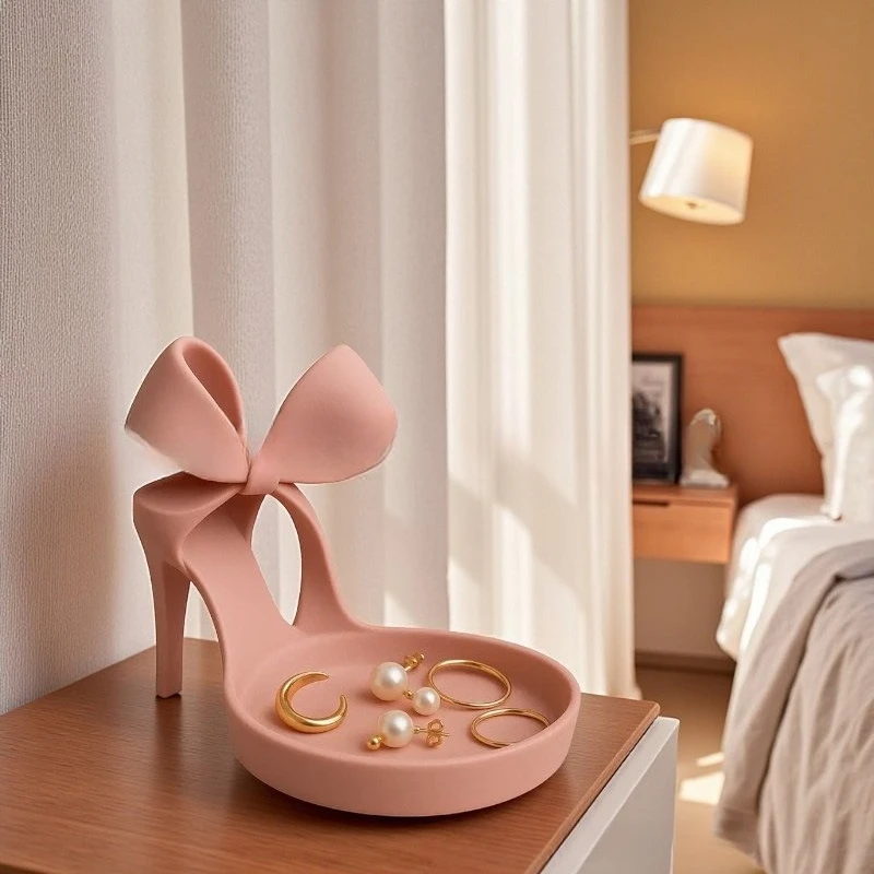 Creative Bow High Heels Jewelry Tray Ring Holder Cute Storage Ornament Desktop Decoration