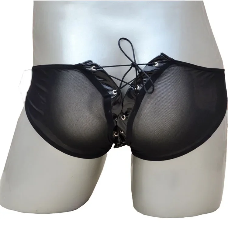 

Wetlook Pu Leather Brief for Men Sexy Low Waisted U Convex Pouch Back Drawstring Underpants Gays Stage Performance Latex Costume