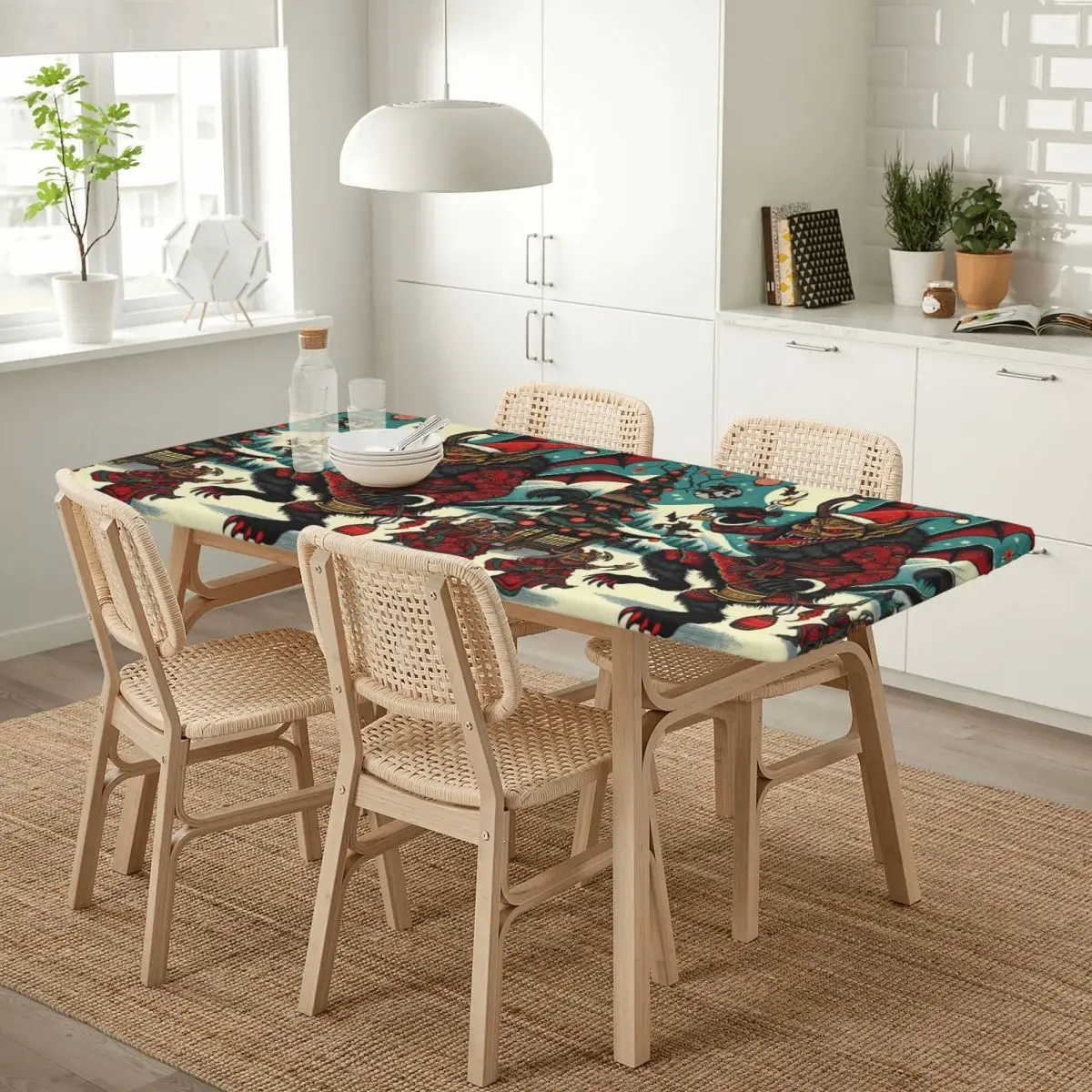 Japanese Woodcut Krampus Customized Rectangular Tablecloth Waterproof Table Cover for Festival Party Decorations Table Cloth