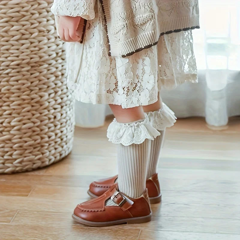 Chaussettes en dentelle à volants pour petites filles, longues et douces, reniflard, jambières en coton pour enfants, chaussettes hautes pour enfants, chaussettes mignonnes pour bébés