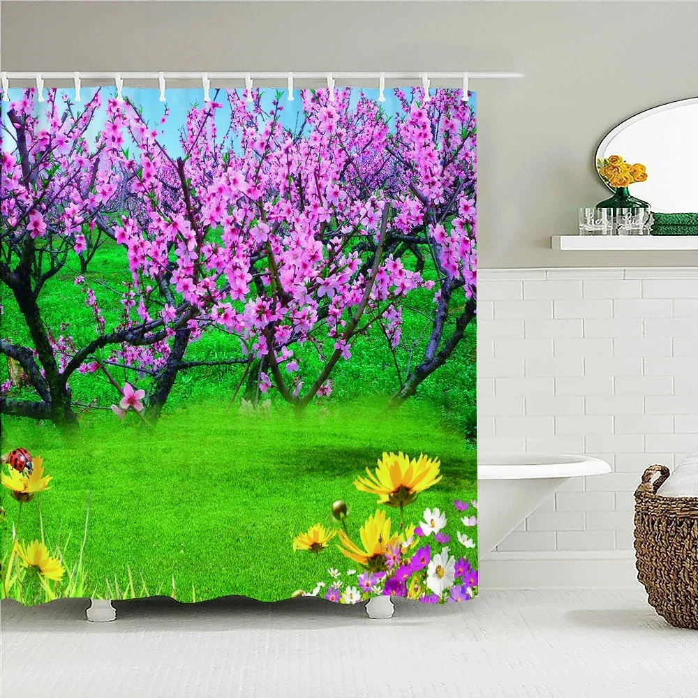 3D Sunny Landscape Printed Fabric Shower Curtains Blue sky Flowers Scenery Bathroom Curtain Waterproof Polyester Home Decoration