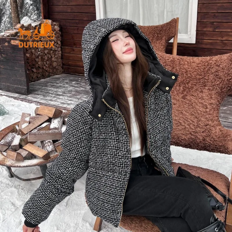 2024 Winter New Coat for Women,snowflake Woven Down Jacket with Hood Short Wool Tweed Warm Top Fashionable Thick Jacket for Work