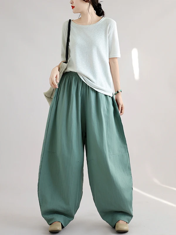 Retro Artistic Women's Loose Casual Pants Double-Sided Silk Knife Arc Shape Cotton Linen Trousers Straight Leg Natural Waist