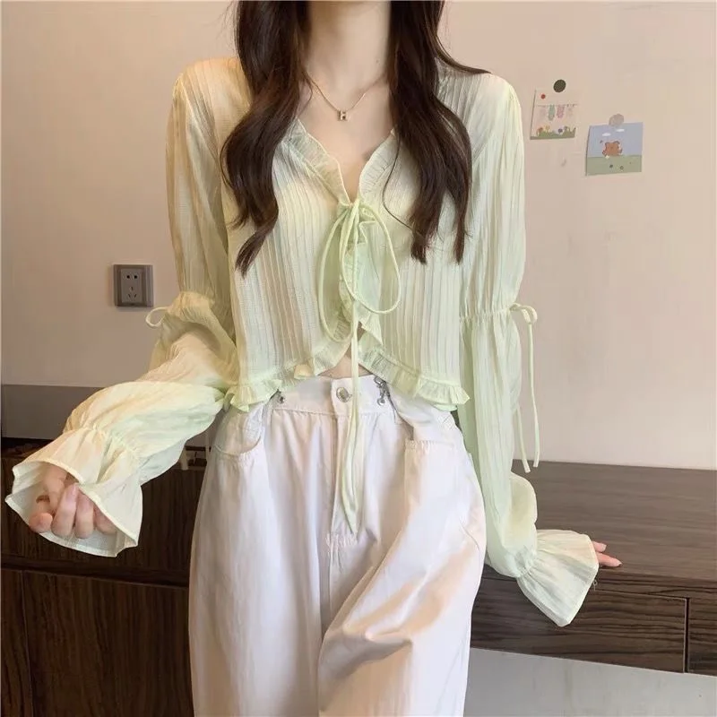 

3 Colors Hot Cute Sweet Ruffle Lace Up Cardigan Women Summer Long Sleeve Sunscreen Jacket Woman Candy-color Chiffon Crop Tops